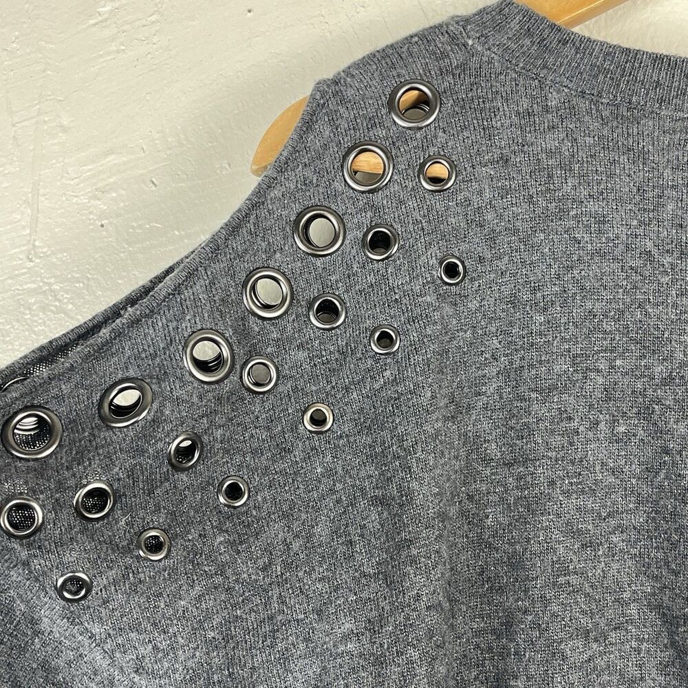 INC Cashmere Silk Wool Gray Cold Shoulder Grommet Knit Sweater Women’s L - Picture 15 of 16